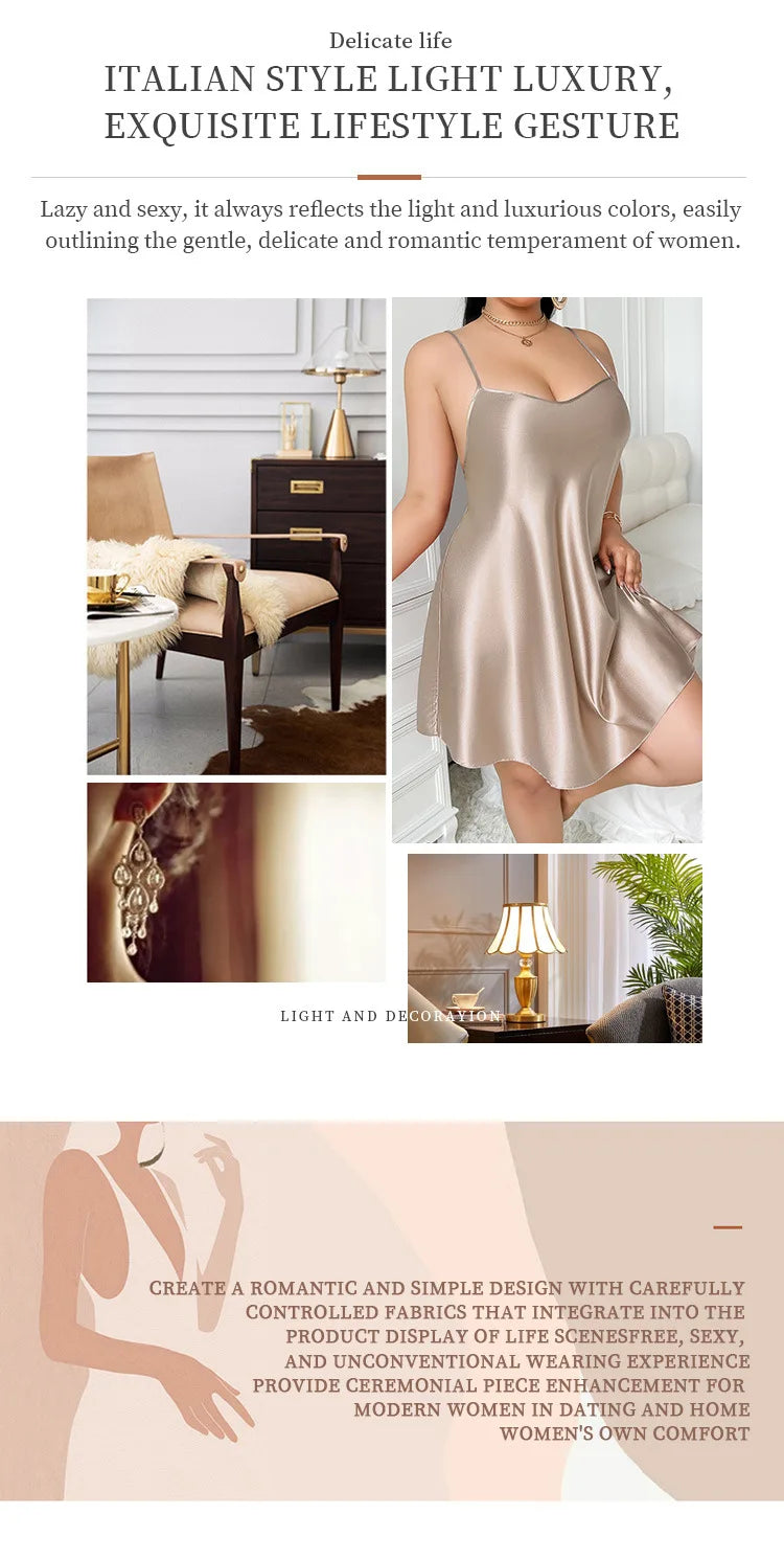 Plus Size Solid Silk Satin Women Nightgown Cross Back Pajama Dress V Neck Female Sleepwear Sleeveless Summer Nightwear Homwear