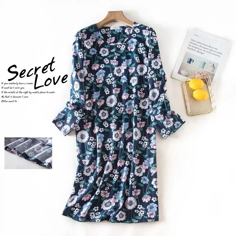 Knitted Cotton Women Plus Size Lingere Nightgown Loose Nightdress Long Sleeve Night Gown Cute Cartoon Home Dress Sexy Sleepwear