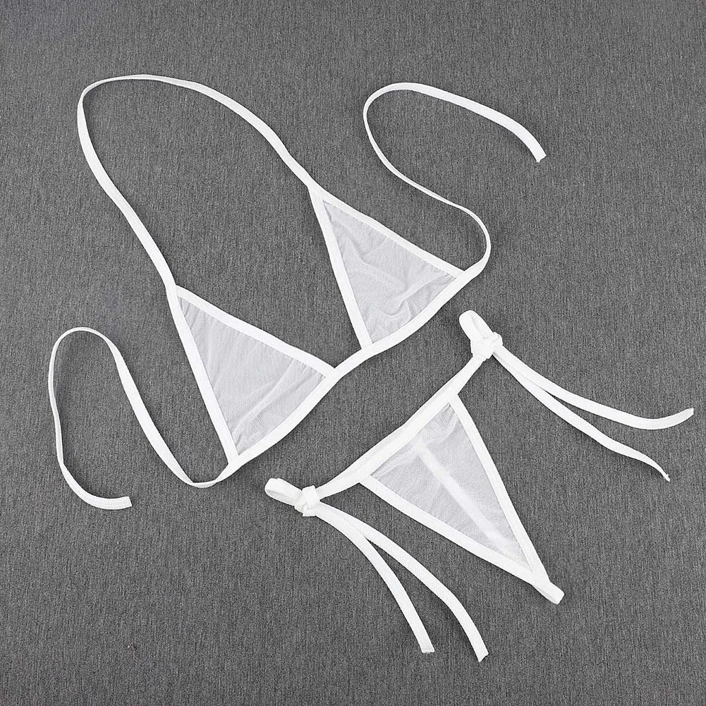Womens Sexy Lingerie Bikini See ThrougSwimwear 2 Piece Bra With Tie Side Comfortable Thong Solid Color Beachwear Fashion Bustier