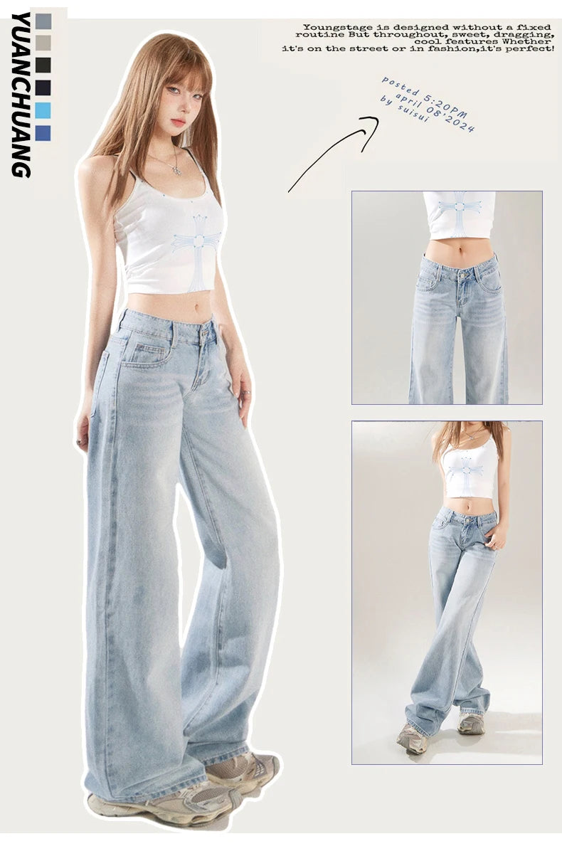 KSTUN 2025 Spring Women Wide Leg  Jeans Streetwear Loose Straight Denim Pants Vintage Low Waist Jeans For Woman Dragging Pants