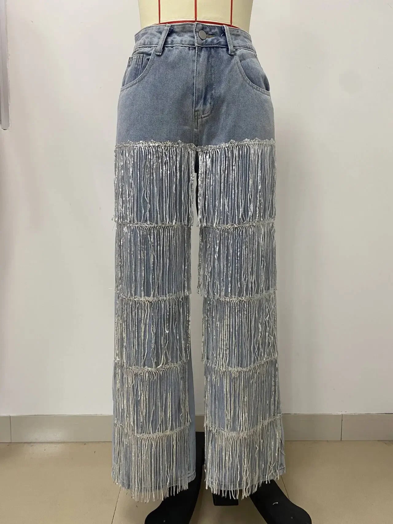 Denim Straight Pants Women Jeans Tassel Pockets Button High Waist Distressed Washed Full Length Loose Trousers 2026 Streetwear