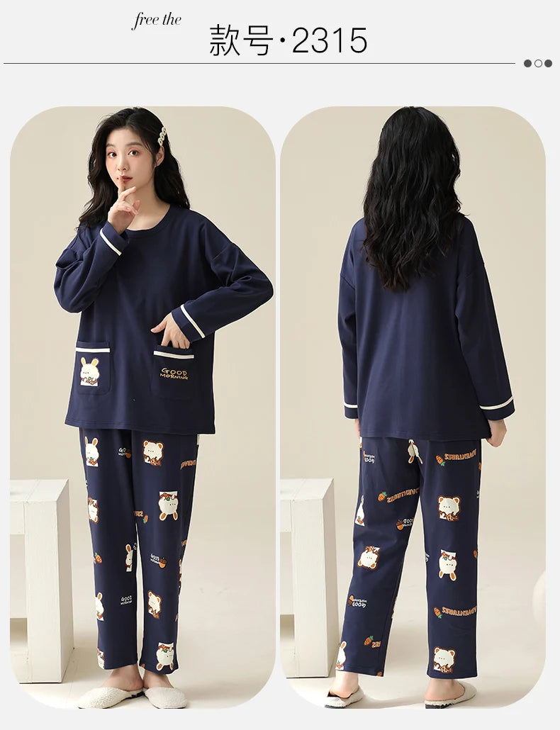 SUKAE M-5XL Big Size Women Pajama Set Autumn Winter New Cotton Long Sleeves Woman Sleepwear Casual Girl Pijama Cartoon Nightwear