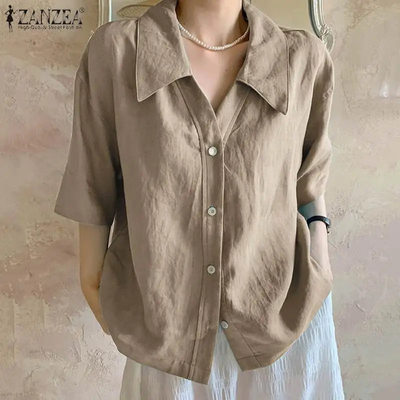 2023 ZANZEA Summer Shirt Women Blouses Turn-Down-Collar 3/4 Sleeved Buttons Up Blouse Loose Tops OL Shirts Solid Blusas Tunic