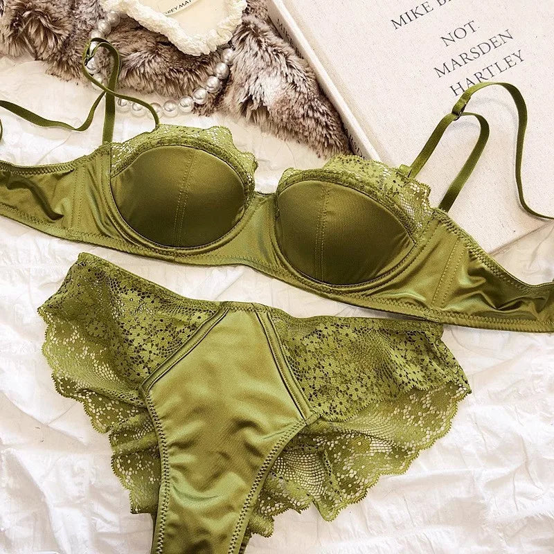 Lace Half-Cup Bra and Panty Set for Small Busts, With Soft Underwire to Gather and Lift, And a Sexy, Lightweight Bra Set.