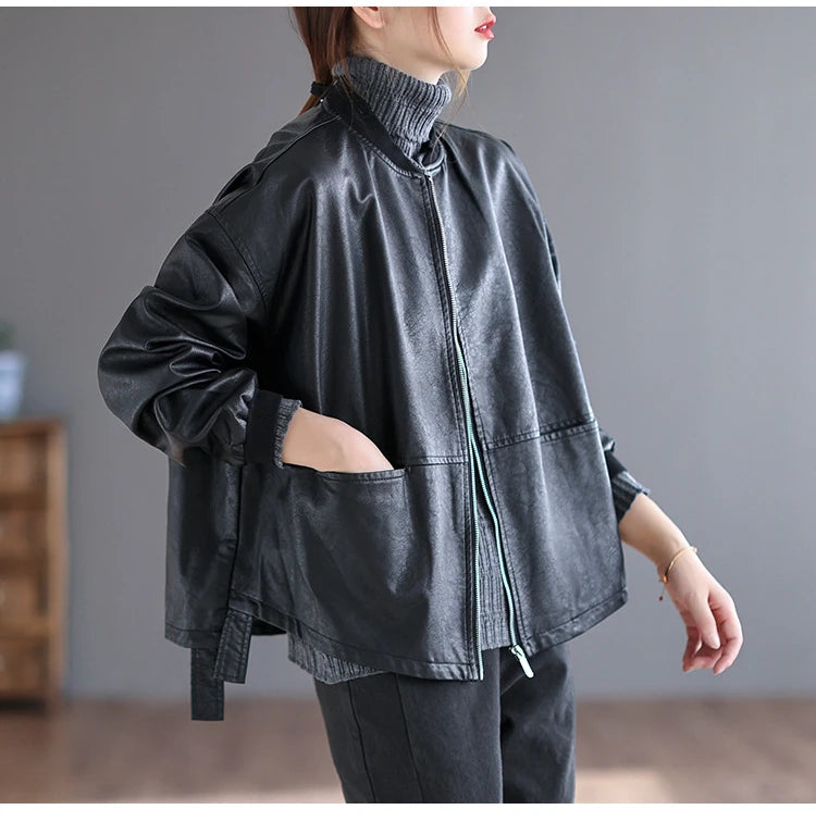 Amax luluE 2024 Autumn Fashion Biker Clothes Womens Loose Vintage Faux Leather Jackets Luxury Punk Pu Coats Black Big Outerwear