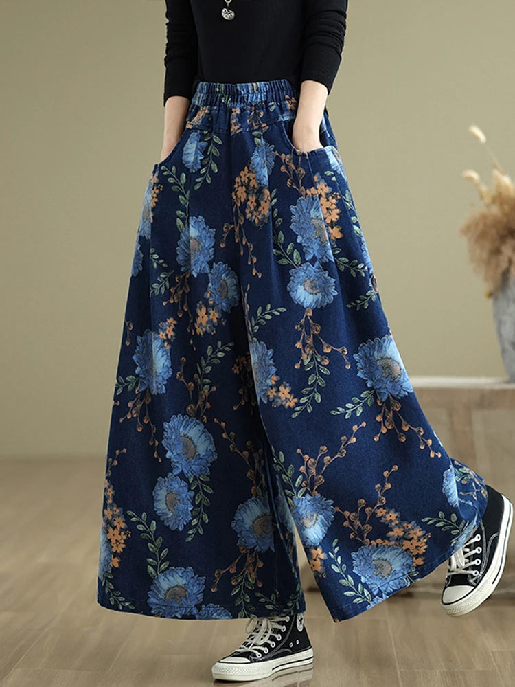NYFS 2025 New Summer Vintage Print Woman Jeans Loose Plus size Trousers Elastic Waist Denim Wide Leg Pants