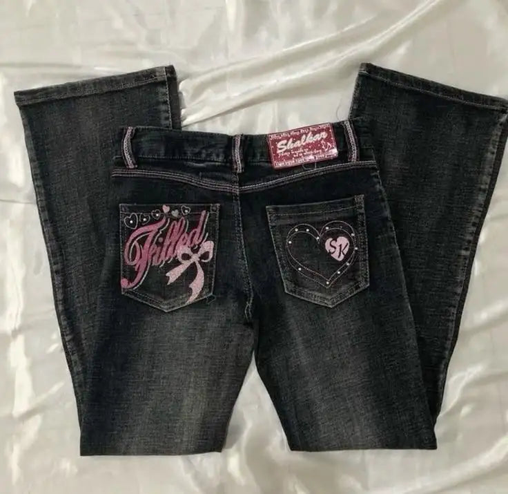 Gothic Hot Sweetheart Jeans Y2K Clothes Hip Hop Love Letter Graphic Retro Baggy Jeans Smart Casual High Waist Wide Leg Trousers