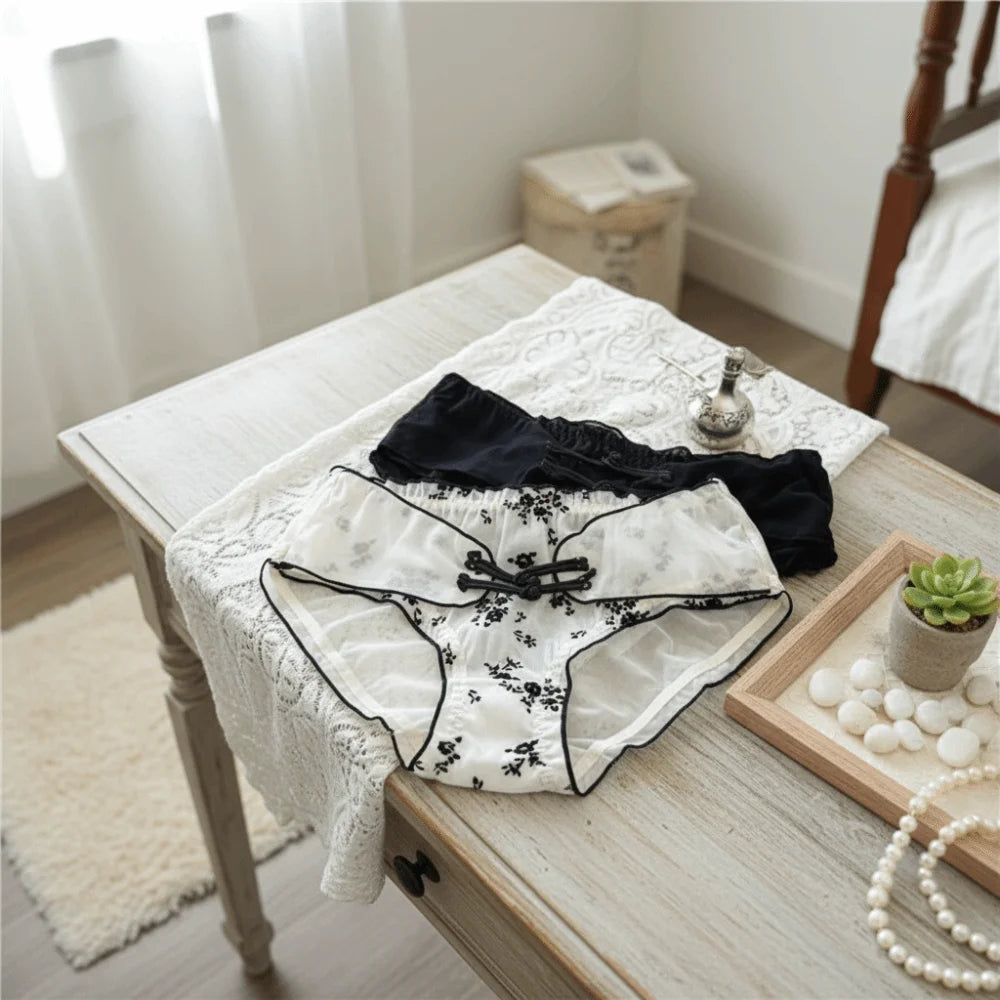 Lingerie Low Waist Women Underwear Ruffle Mesh Chinese Style Briefs Buckle Design Transparent Ice Silk Panties Retro Style
