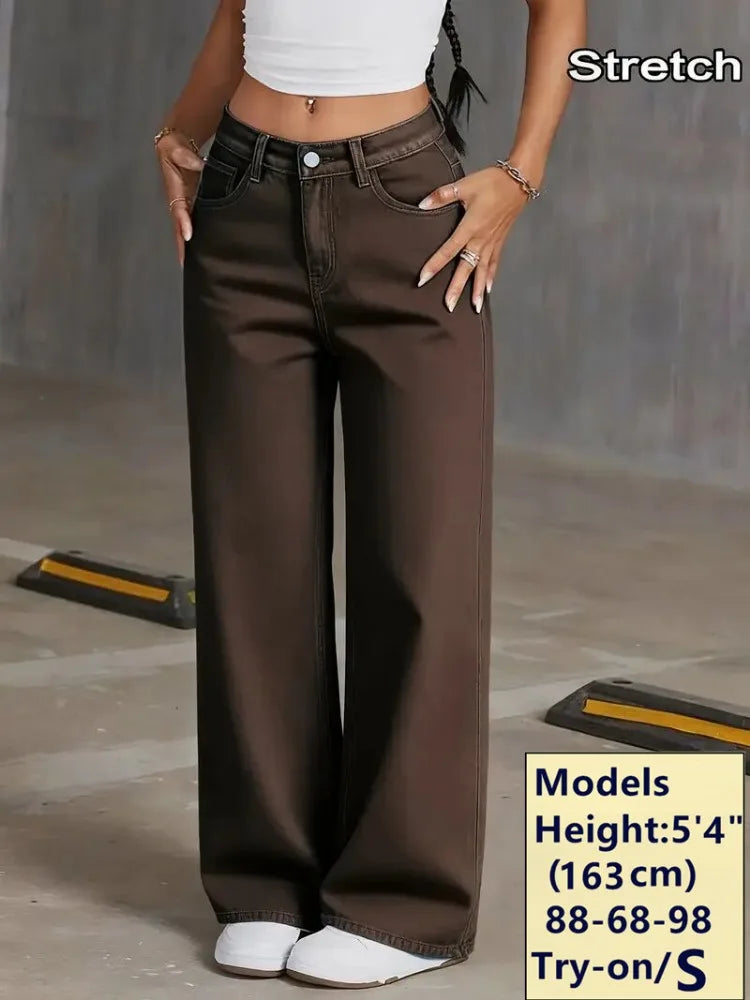 Women's Coffee Brown Wide Leg Jeans High Waisted Super Stretchy Loose Fit Denim Trousers Streetwear