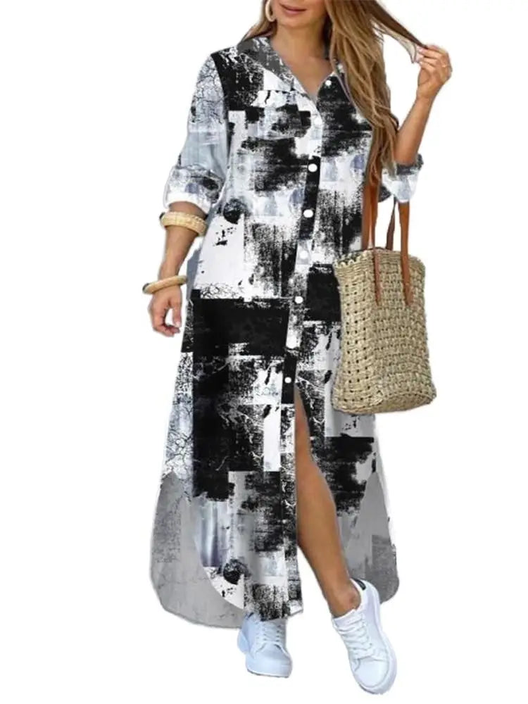 Camouflage Leopard Letters Floral Printed Dresses for Women 2025 Buttons Long Sleeve Loose Split Casual Solid Maxi Dress Robe