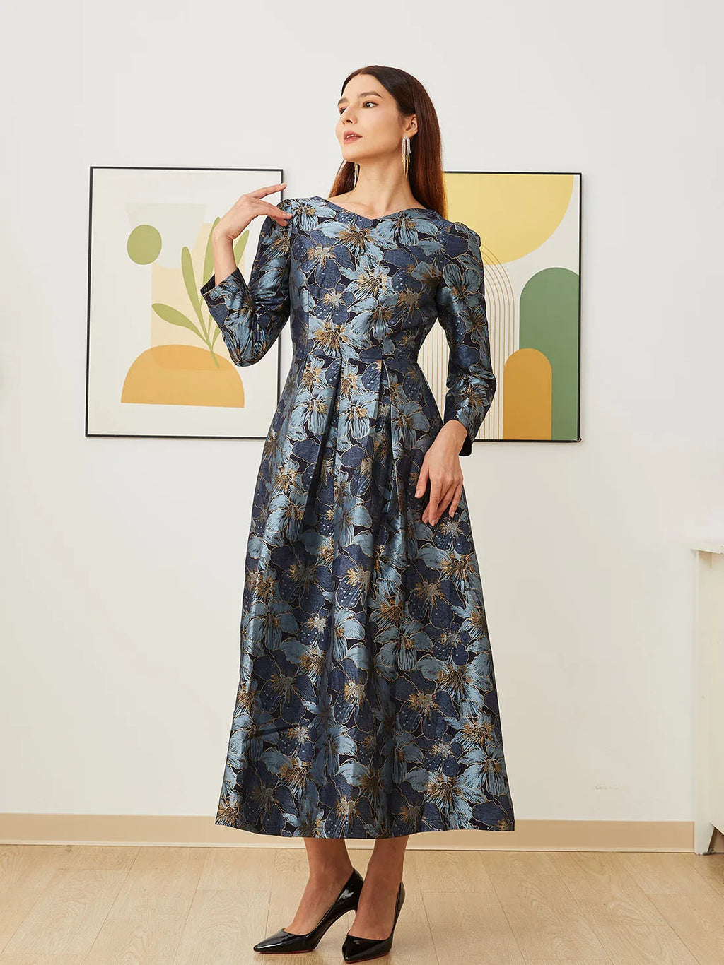 Elegant Women Long Maxi Evening Dress Floral Jacquard Fall V Neck Lady Autumn Winter Party Fashion Formal Vestidos