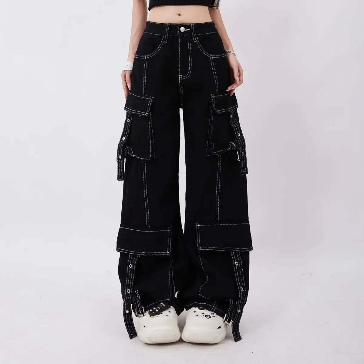 ADAgirl Black Cargo Jeans Women Y2k Harajuku Vintage Baggy Pockets Korean Wide Leg Denim Pants Hip Hop Causal Female Trousers