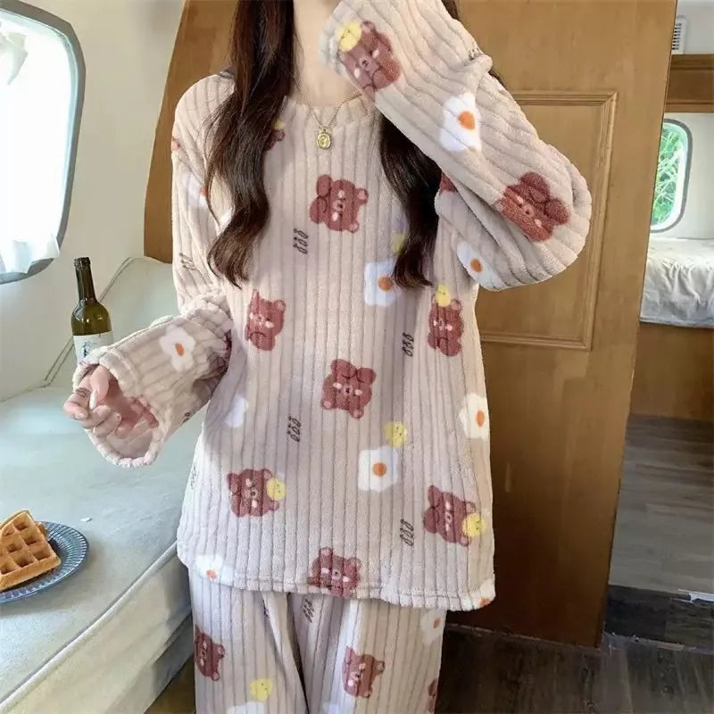 2 Piece Set Warm Sleepwear for Winter Women Printed Bear Coral Velvet Pajamas Student Flannel Loungewear Round Neck Nightwear