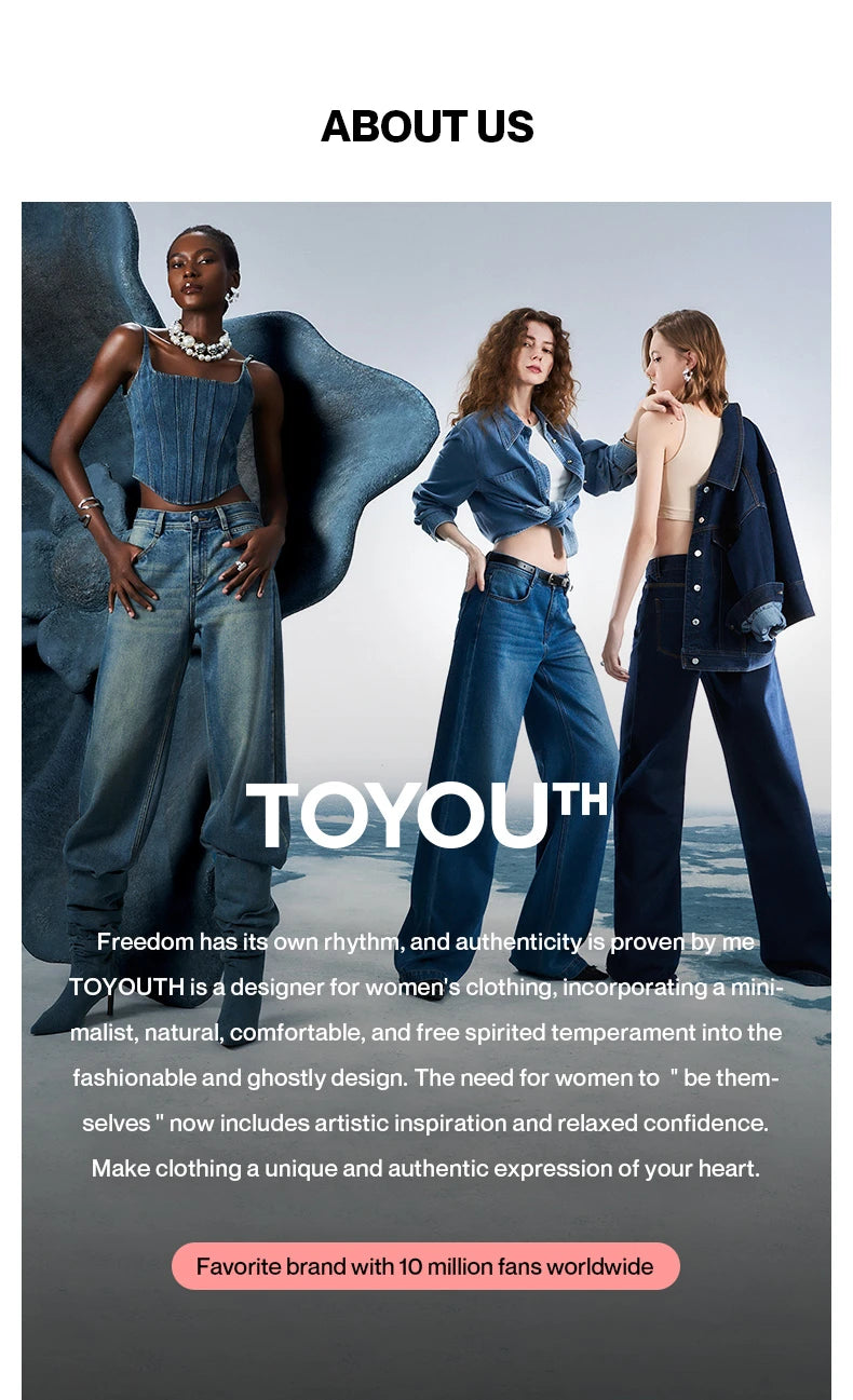 TOYOUTH Women Denim Jeans 2025 Spring New Mid Waist Wide Leg Straight Casual Long Pants