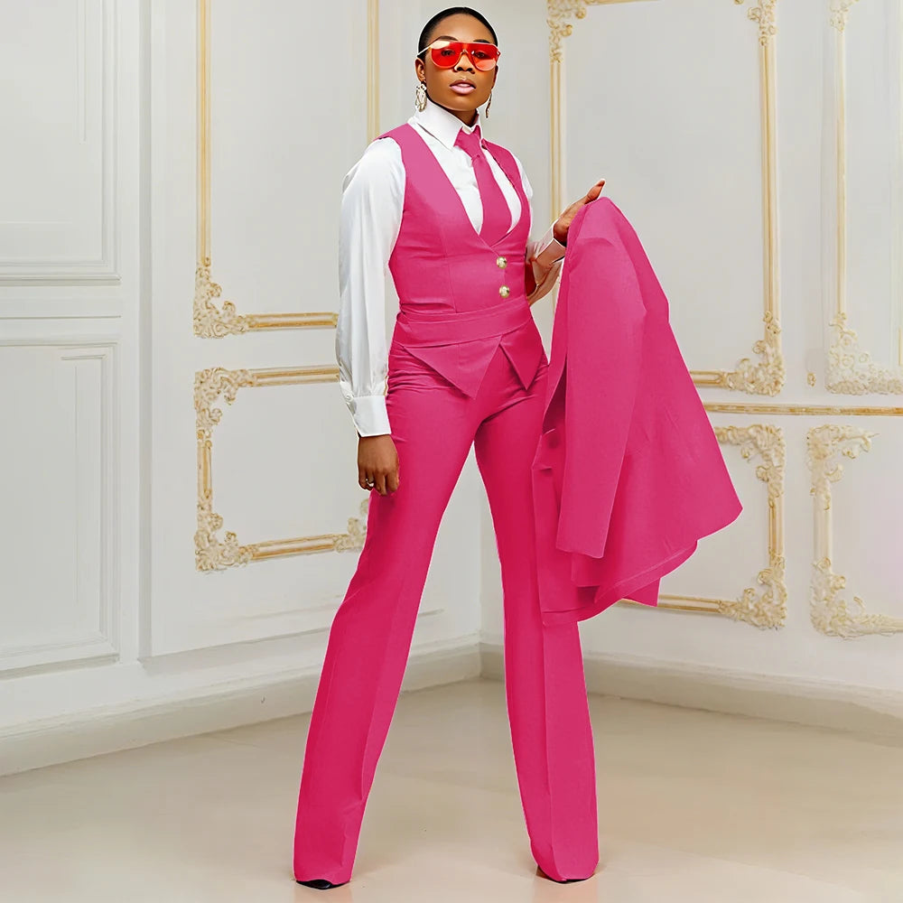 Orange Women's Suits Customized Plus Size Formal Single-breasted Peaked Lapel Three Pieces (Jacket+Pants+Vest) Office Lady Set