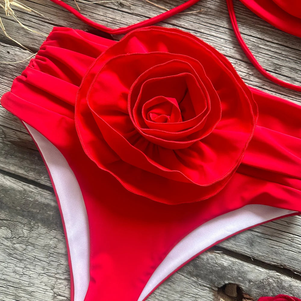 Two-Pieces Women Floral Lace Up 2023 Push-Up Padded Bra Red Bikini Set Swimsuit Swimwear Bathing Suit Beachwear Biquini