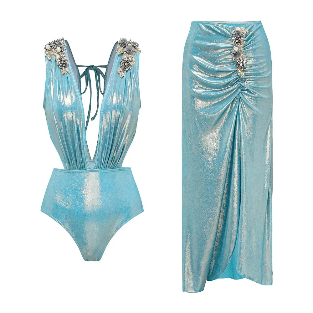 Bikini Bodysuit Swimwear Women With Skirt Bathing Suit Summer New Ruffle Splice Print Beachwear Holiday Bikini Cover Ups Outfits