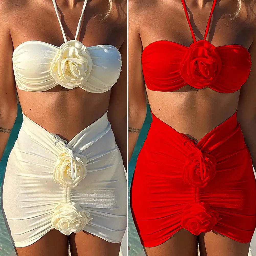 3Pcs/Set Women Summer Bikini Set 3D Rose Flower Decor Halter Bandeau Pleated Bra Swimming Trunks Overskirt Set Swimsuit 수영복 세트