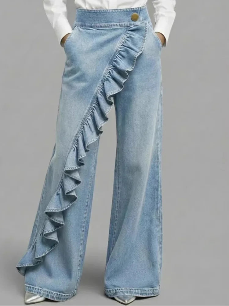 SHENGPALAE American Style Loose Irregular Splicing High Waisted A-line Wide Leg Jeans For Women Spring 2026 New