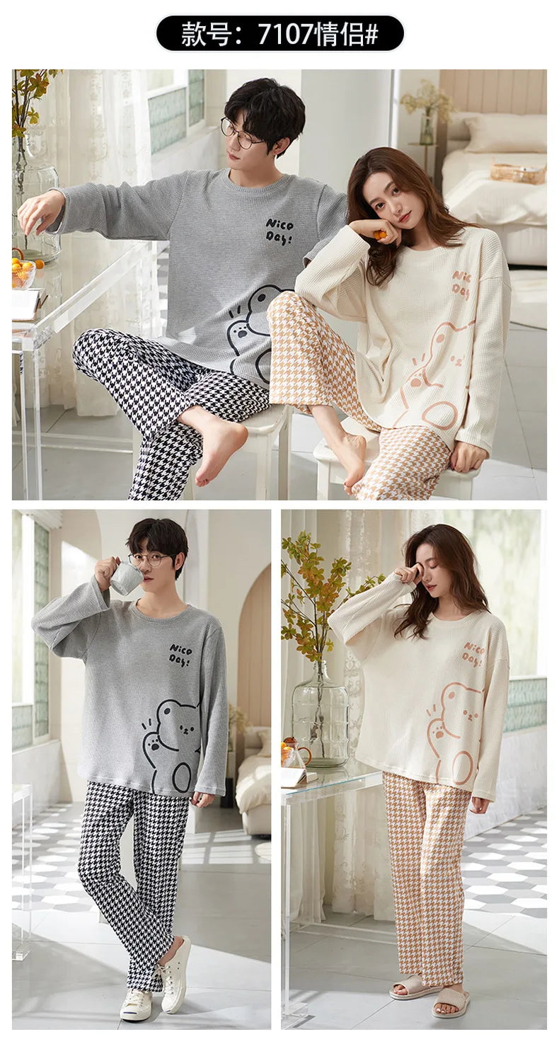 Couple Long Sleeves Sleepwear Autumn Winter Cotton Pajama Sets Print Pants Homewear Kawaii Clothes 2 Piece Sets Nightwear Lovers