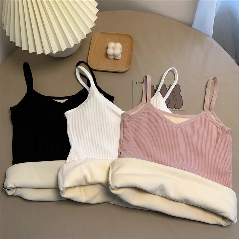 2PCS Women Winter Warm Underwear T-shirt Set Solid Color Thermal Casual Nightwear Sexy Elasticity Thin  Velvet Sleeveless Tops