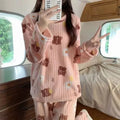 2 Piece Set Warm Sleepwear for Winter Women Printed Bear Coral Velvet Pajamas Student Flannel Loungewear Round Neck Nightwear