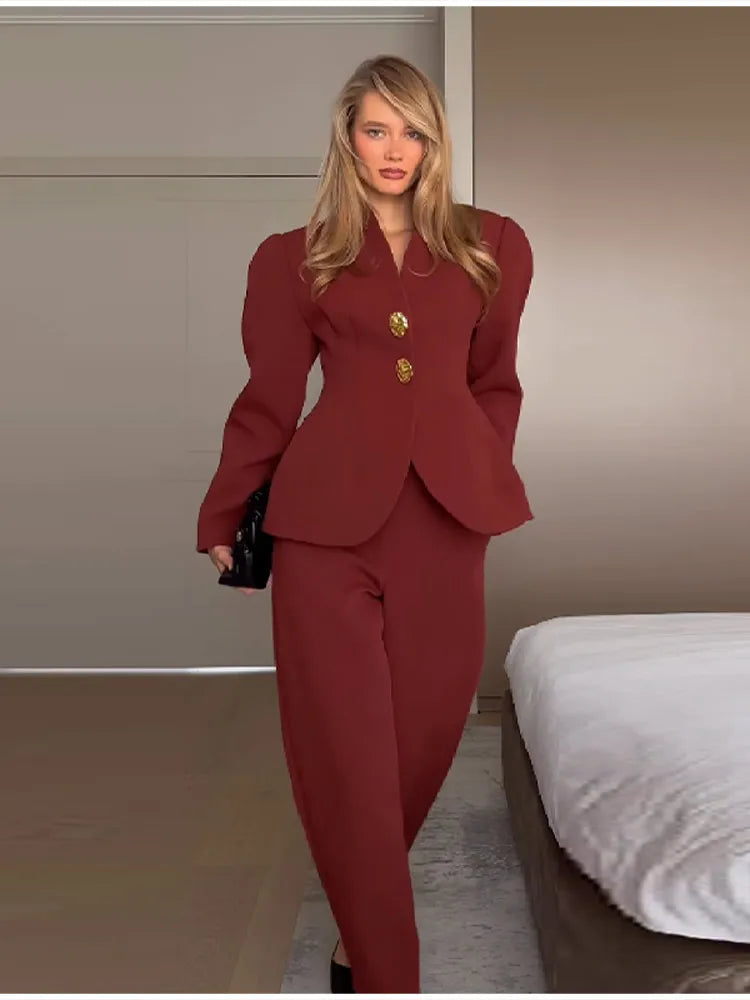 Fashion Solid V-neck Suit Casual Solid Long Sleeves Shoulder Pad Waist-cinching Pant Suit 2025 Autumn  Lady Daily Street Outfit