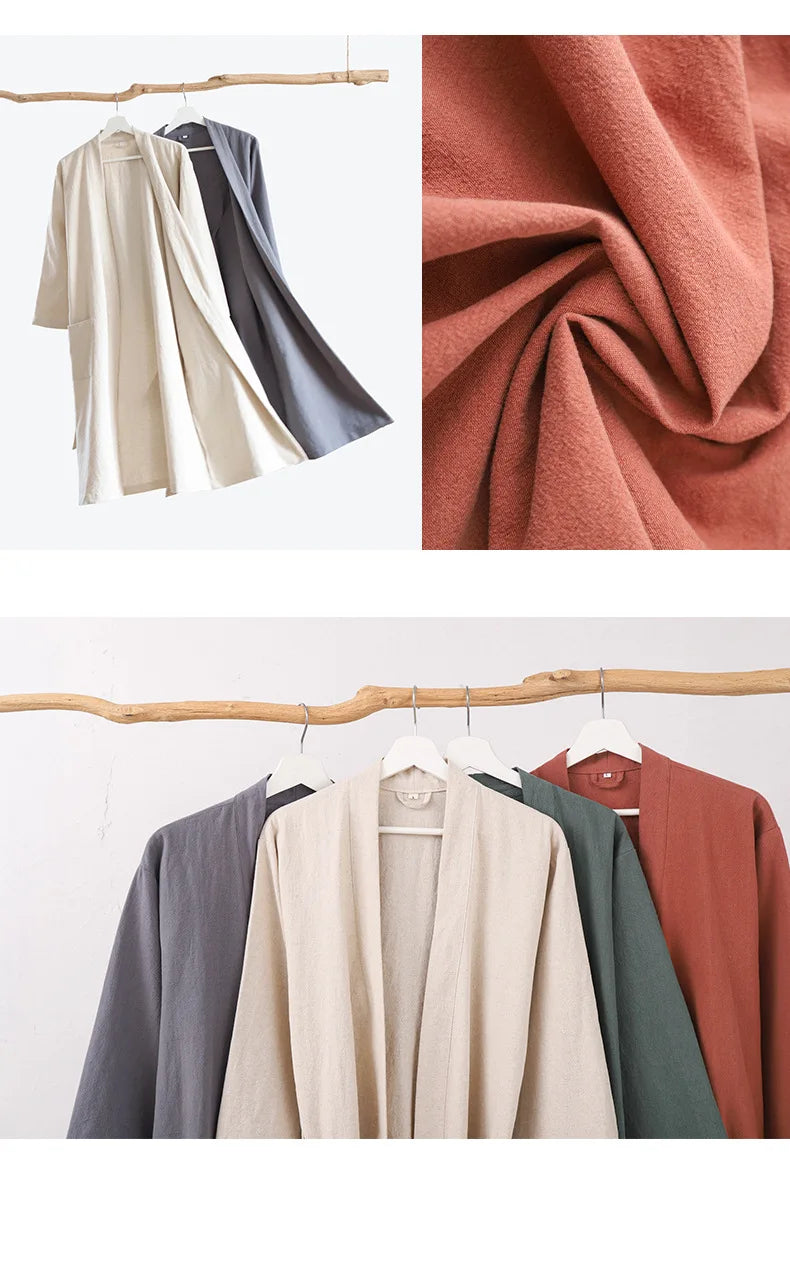 70% Cotton 30% Linen Kimono Bathrobe Nightgown 2025 New Loose Men And Women Dressing Gown Sleepwear Nightwear Solid Hotel Robe