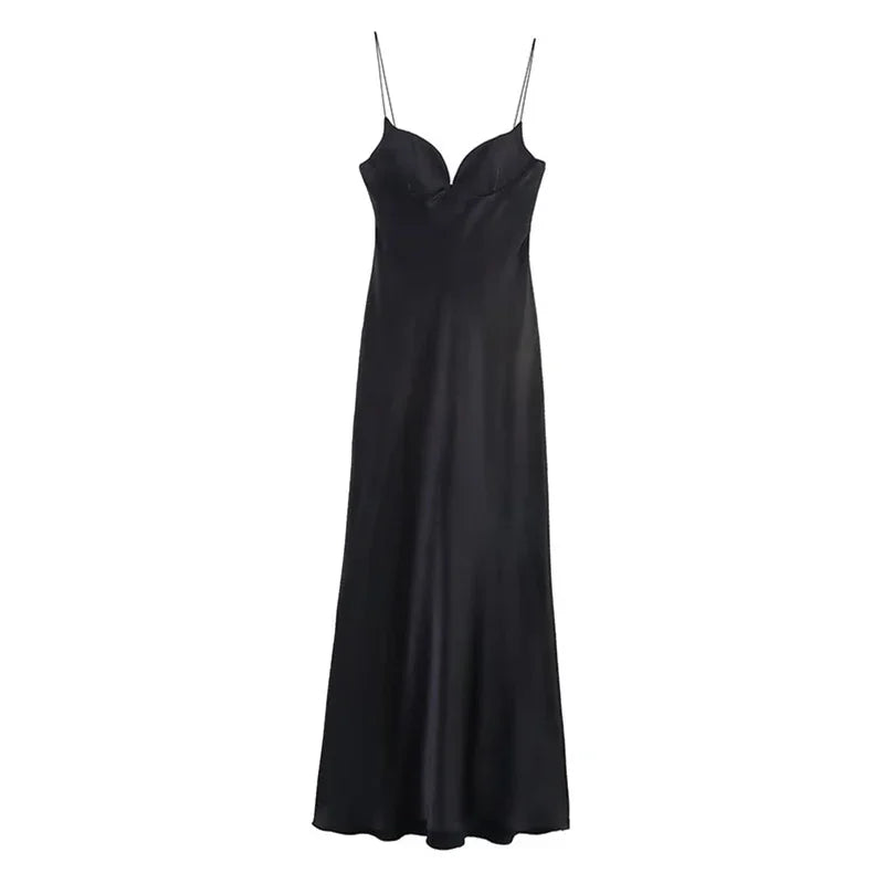 Sexy Satin Long Sling Dress Women Square Collar Sleeveless Backless Pleated Dresses Female 2026 Spring Lady Party Evening Robes