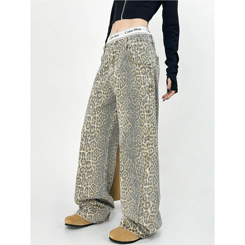 American Retro High Street Casual Overalls Leopard Print Loose Wide Leg Pants For Women Y2k Hip-hop Cargo Grunge Baggy Trousers