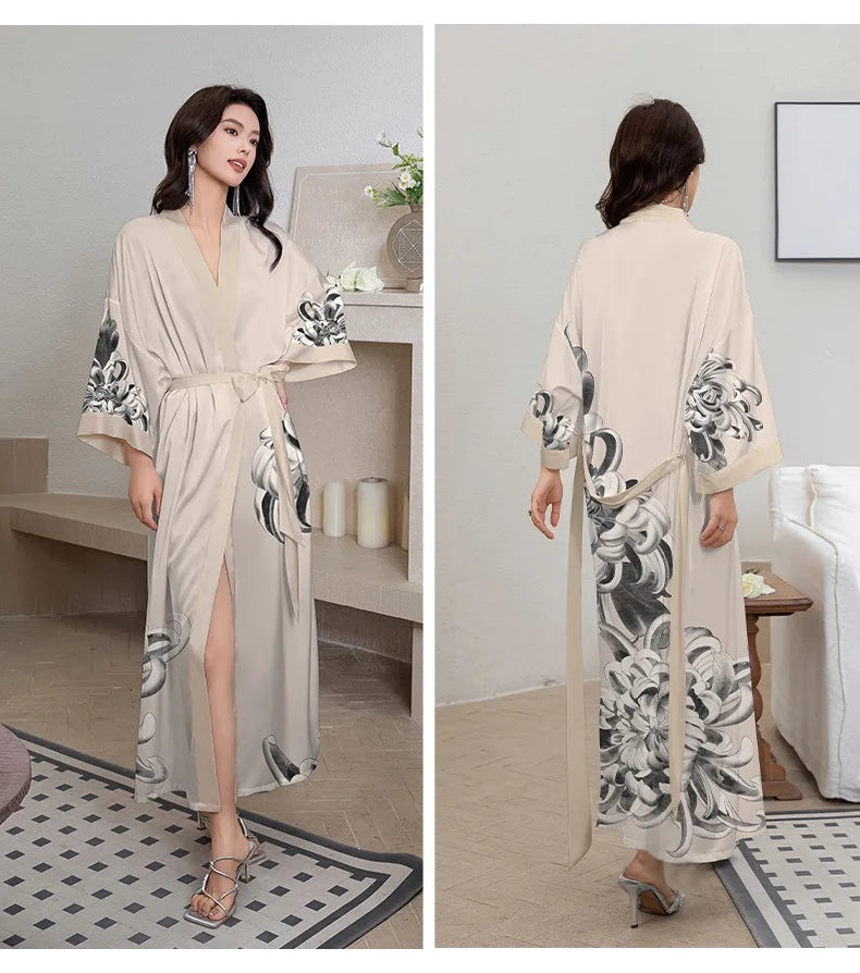 Print Flower Female Long Robe Sleepwear Japanese Kimono Bathrobe Gown Spring Summer Satin Nightgown Loose Casual Home Dress Wear