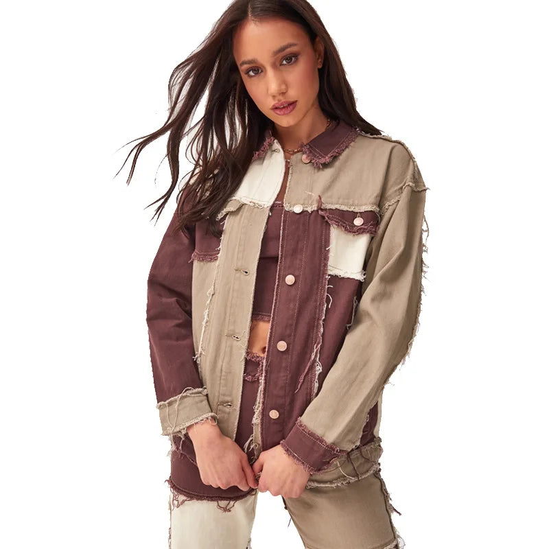 Jeans Women Straight Pants Patchwork Denim Trousers Splice Color Contrast Tassel PantsTrendy Fashion Streerwear Style Cool