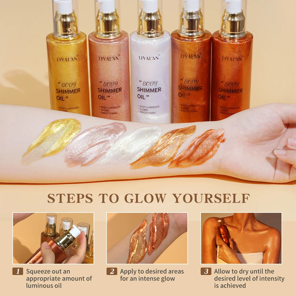 100ml Body Shimmer Oil Highlighter Face Brighten Glitter Bronzer Pearl White Rose Gold Skin Glow Illuminator Makeup Shine Liquid