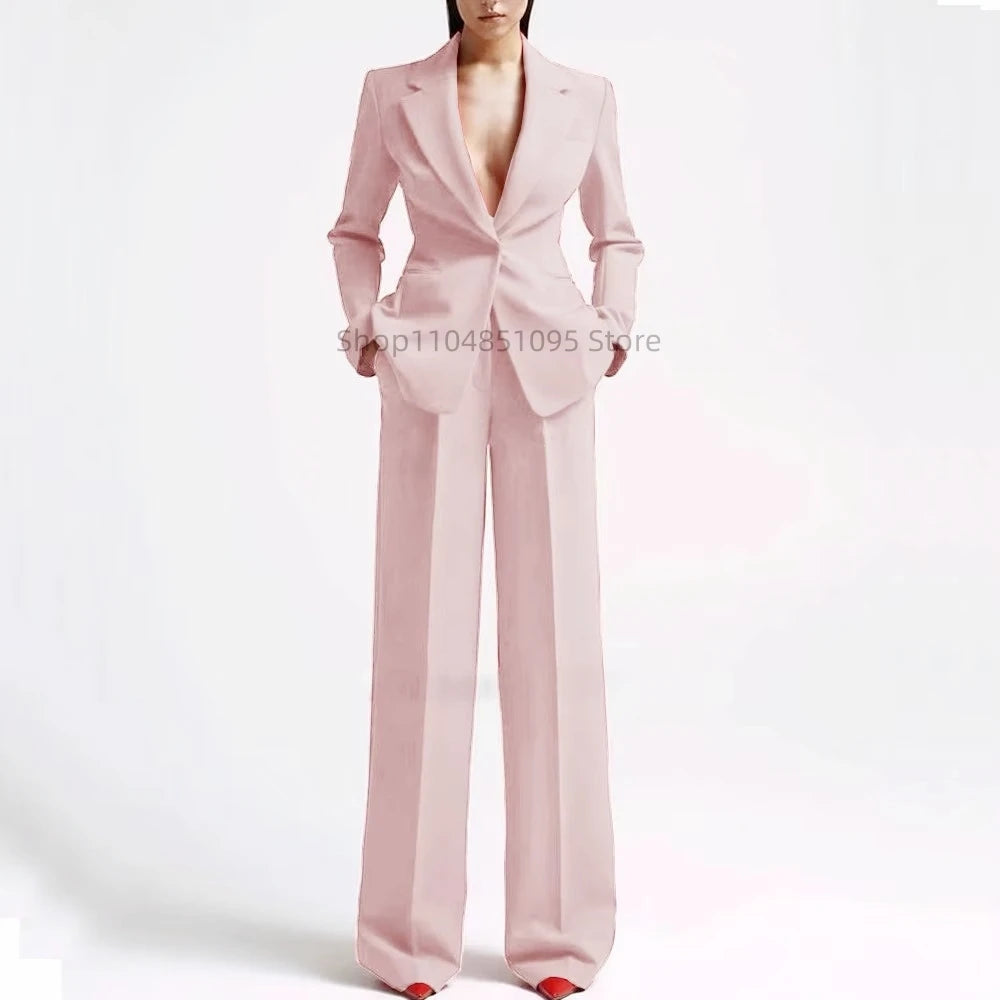 Elegant Solid Women's 2 Piece Suit Lady Business Office Suits Slim Fit One Button Jacket Women Tuxedo Casual Suits(Blazer+Pants)