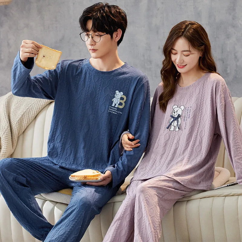Couple Long Sleeves Sleepwear Autumn Winter Cotton Pajama Sets Print Pants Homewear Kawaii Clothes 2 Piece Sets Nightwear Lovers
