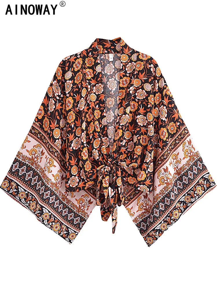 Vintage Women Fashion Boho Kimono Short Robe Swimsuits Floral Batwing Sleeves Rayon Bohemian Bikini Cover Ups Beachwear