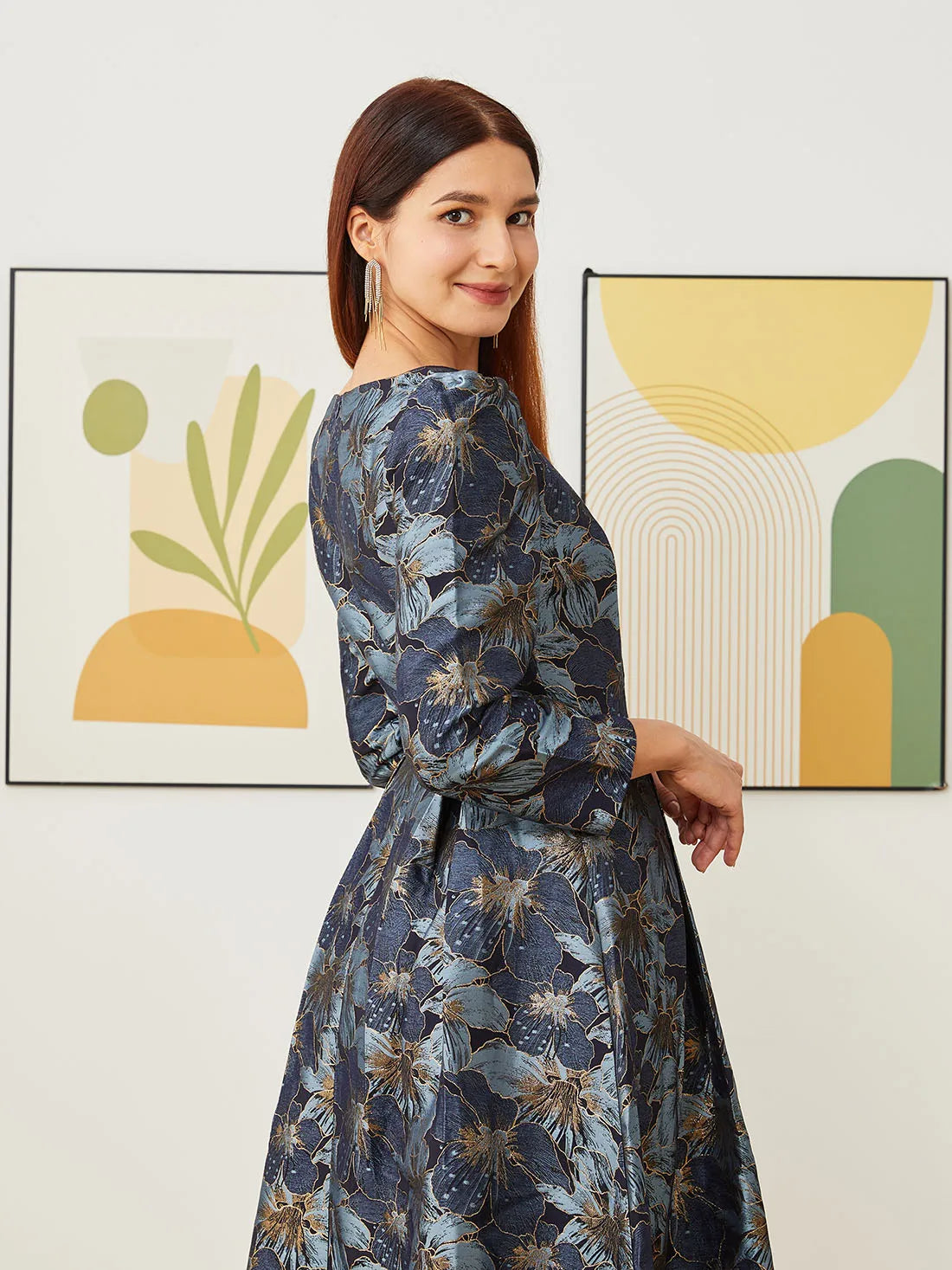 Elegant Women Long Maxi Evening Dress Floral Jacquard Fall V Neck Lady Autumn Winter Party Fashion Formal Vestidos