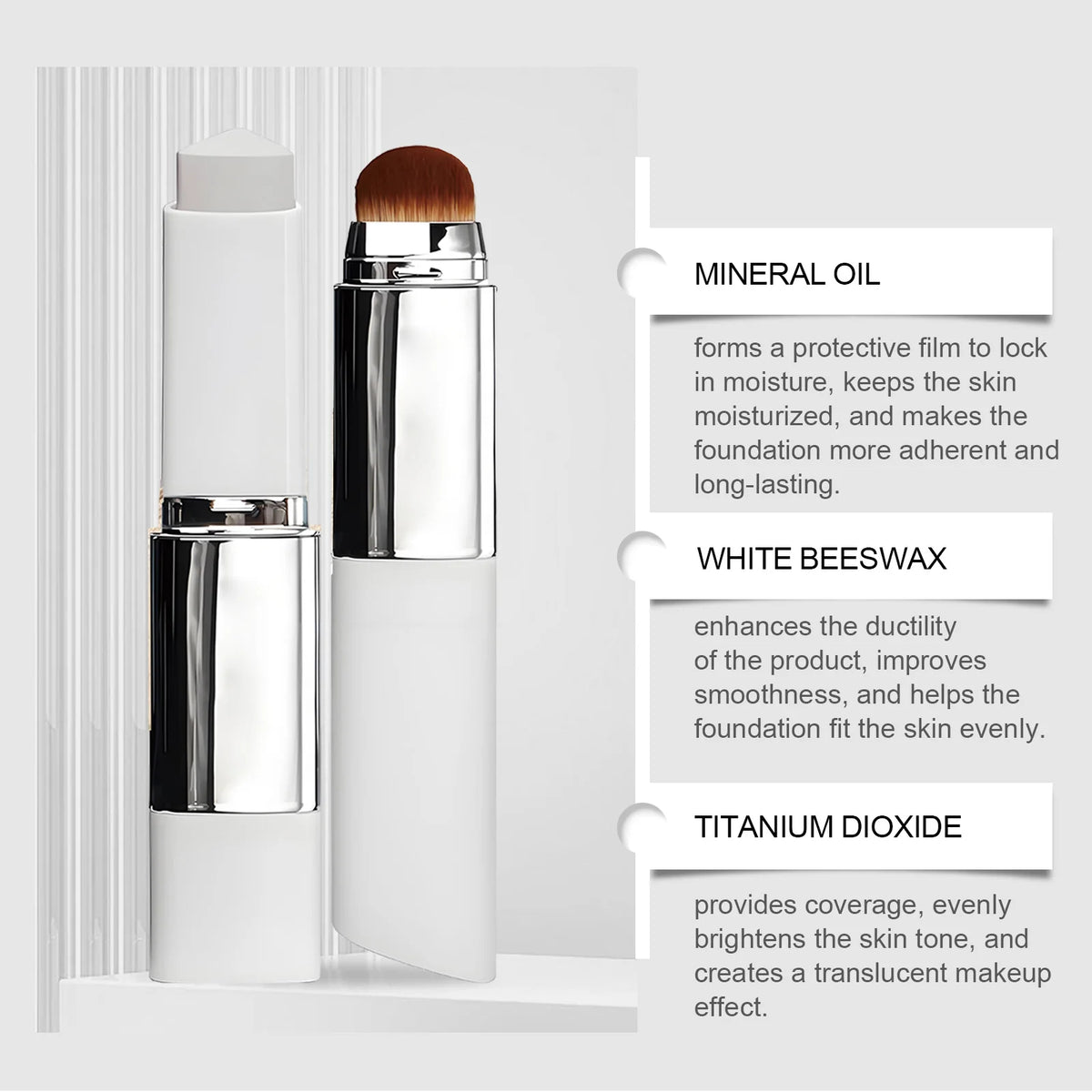 2-in-1 Color-Changing Foundation Stick Full Coverage Lightweight Moisturize Finish Base Makeup Dual-Ended with Detachable Brush