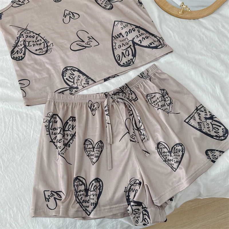 Summer Women's Cherry Print Pajama Set Sexy Ice Silk Sleeveless Vest and Shorts Girls Casual Cute Printed Sleepwear for Lounging