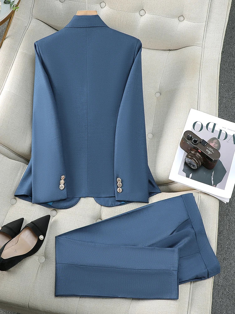 Women Pant Suit Gray Navy Solid Office Ladies Female Business Work Wear 2 Piece Set Formal Blazer Jacket And Trouser