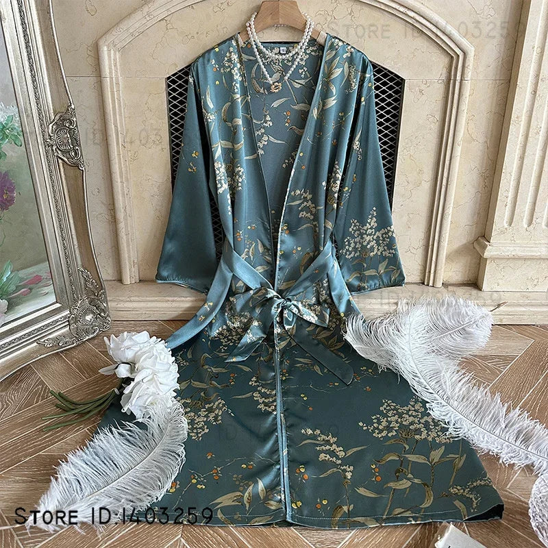 Large Size Female 3PCS Robe Pajamas Set Sexy Print Flower Kimono Batrobe Gown Spring Summer Sleepwear Homewear Satin Loungewear
