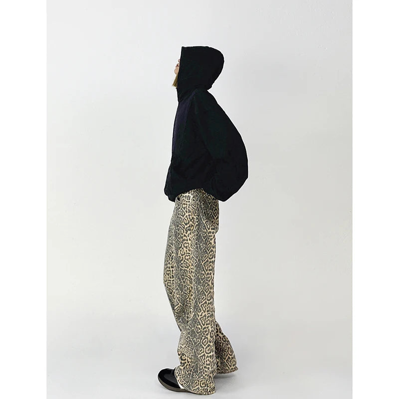 American Retro High Street Casual Overalls Leopard Print Loose Wide Leg Pants For Women Y2k Hip-hop Cargo Grunge Baggy Trousers