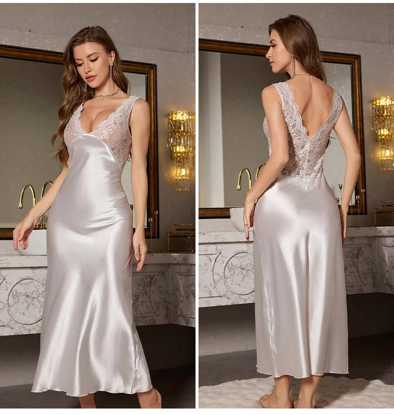 Super Fashionable Nightwear Dresses for Ladies Sexy Long Style Lace Edge Strap Slimming Elegant Long Sleeping Dress