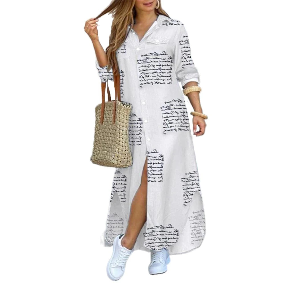 Camouflage Leopard Letters Floral Printed Dresses for Women 2025 Buttons Long Sleeve Loose Split Casual Solid Maxi Dress Robe
