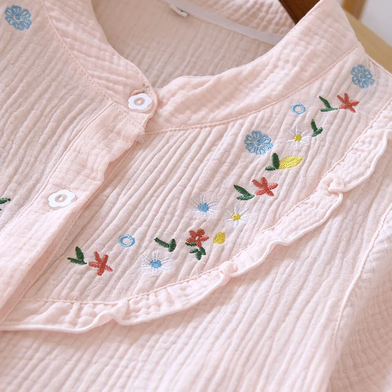 Pure Cotton Womens Pyjamas Set Embroidery Print Home Suits Pyjama Short Sleeve Pajamas 2023 Summer New 2Pcs Sleepwear