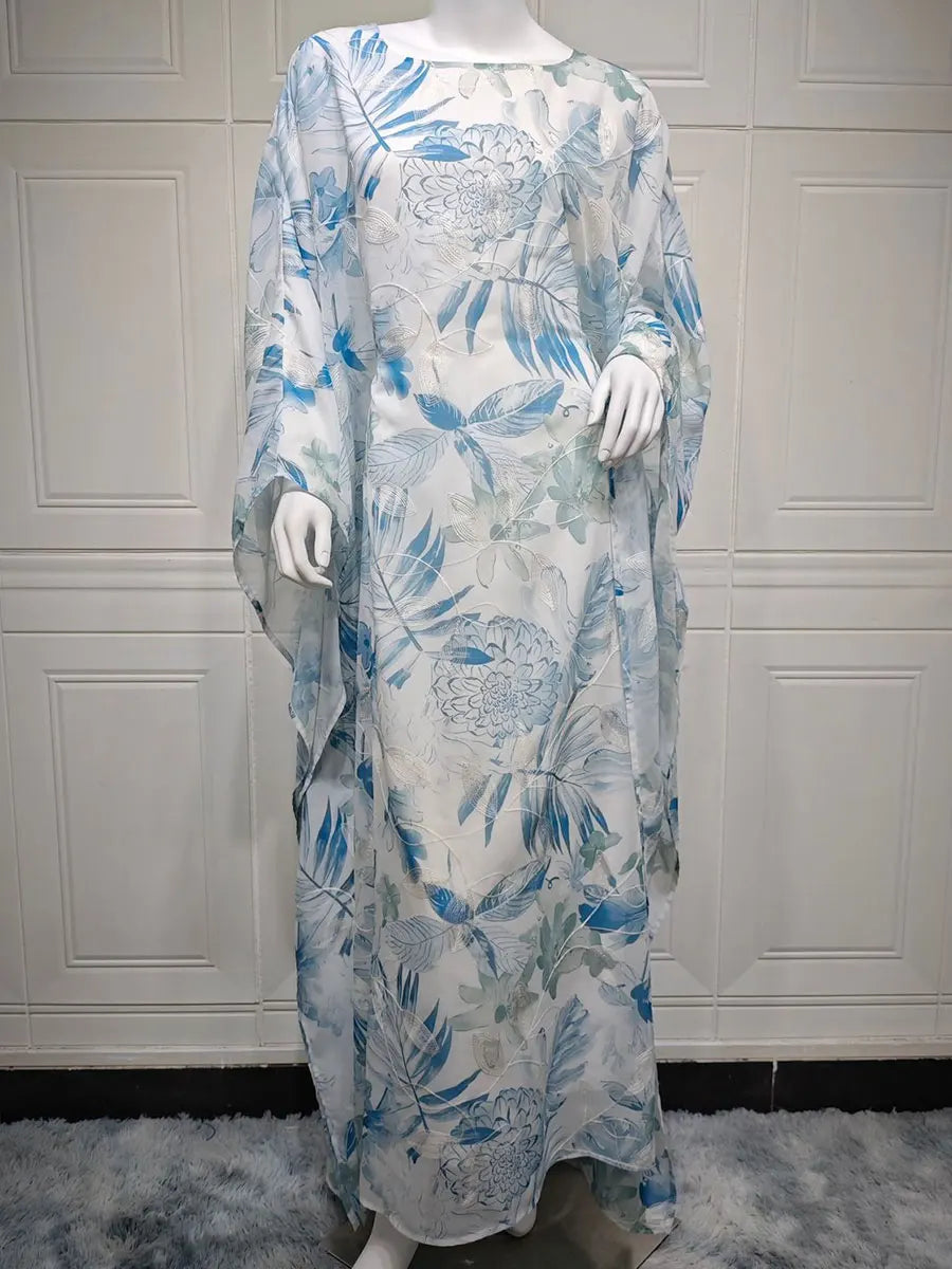 Siskakia Muslim Printing Dress For Woman Batwing Sleeve O-Neck Dubai Abaya Elegant Casual Loose Moroccan Saudi Kaftan Fashion