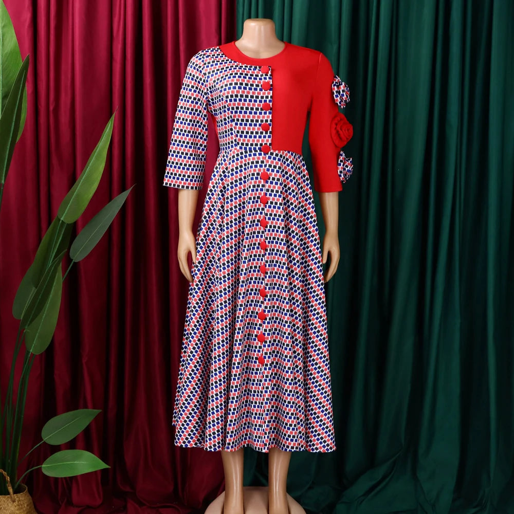 Elegant Dresses for Women 2026 Fall Fashion African 3/4 Sleeve Party Birthday New Robe Chic 3D Flower Plaid Evening A-Line Dress