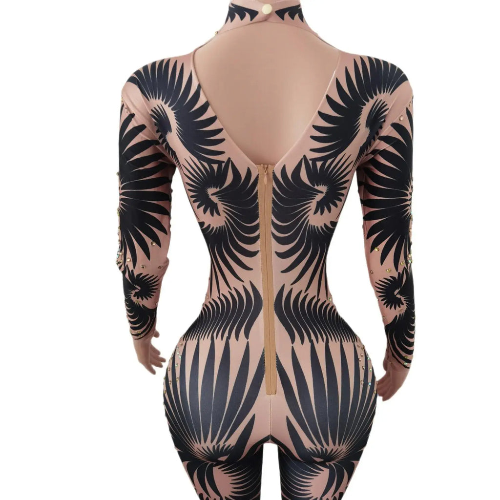 Sparkly Stone Feather Print Jumpsuit Women Sexy Birthday Party Bodysuit Prom Dresses Pole Dancer Performance Costume Feibiao