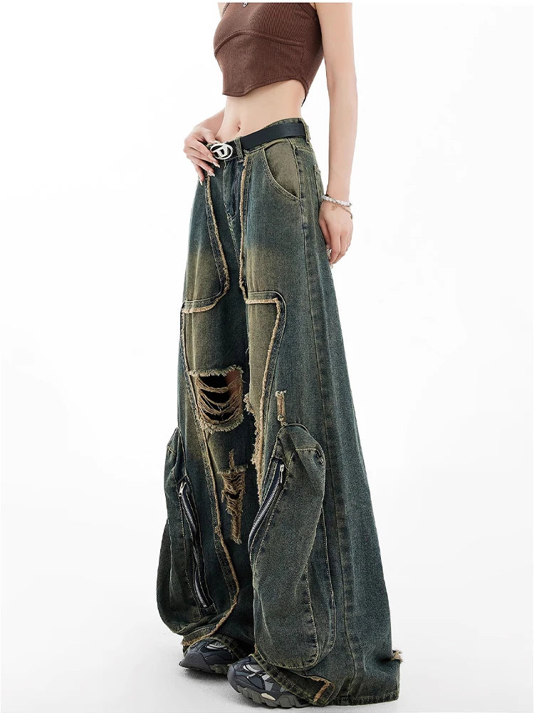 Women Y2k Baggy Cargo Jeans Harajuku Oversize Ripped Denim Trousers Vintage Japanese 2000s Style Jean Pants Trashy Clothes 2024