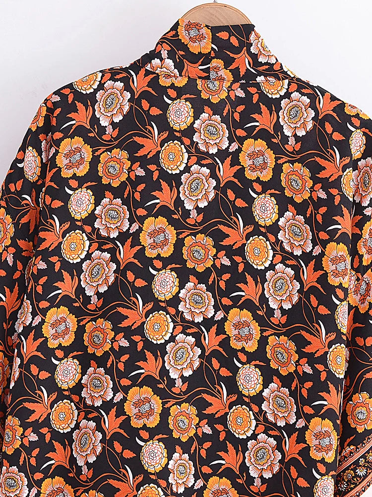 Vintage Women Fashion Boho Kimono Short Robe Swimsuits Floral Batwing Sleeves Rayon Bohemian Bikini Cover Ups Beachwear